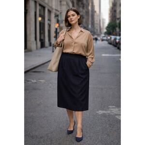 Valerie Stevens Navy Blue 100% Wool Midi Skirt Womens Size 16 Plus Size Office